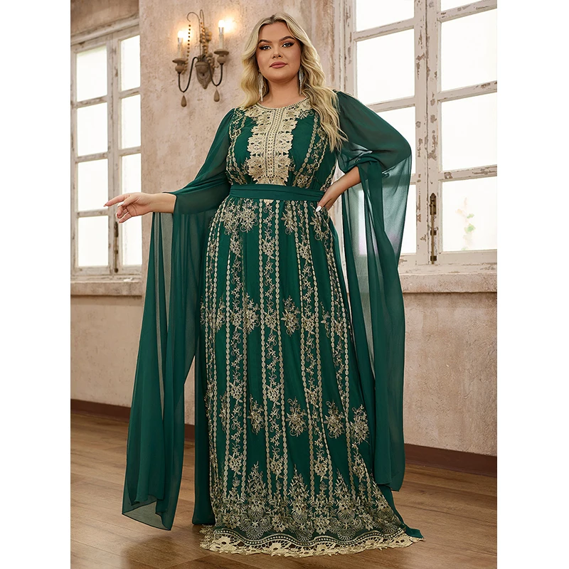 Women 2024 Elegant Muslim Abaya Embroidery Chiffon Islamic Turkey Dubai Kaftan Green Long sleeve Party Maxi Dresses 4XL