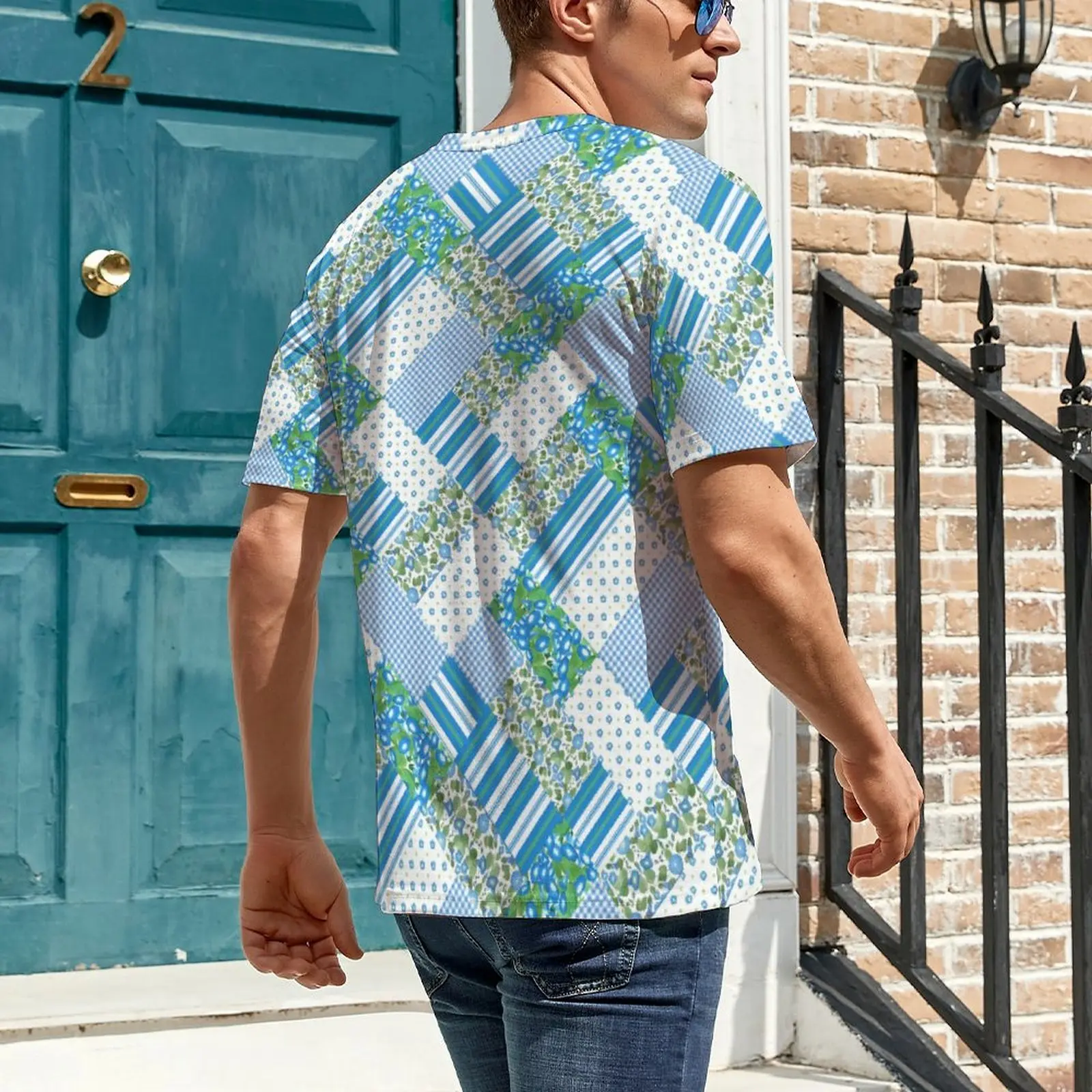 Blue Striped Polka Dot T Shirt Patchwork Print Trending T Shirts Men Funny Tshirt Summer Short-Sleeve Pattern Tees Large Size