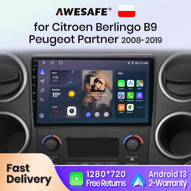 AWESAFE Wireless CarPlay for Apple Android 13 Auto Radio for Citroen Berlingo 2B9 Peugeot Partner 2008-2022 Multimedia Screen