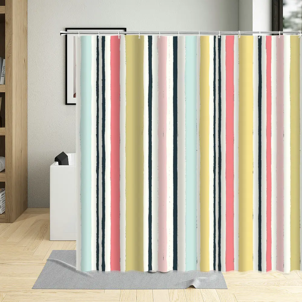 Waterproof Polyester Fabric Shower Curtain with Hooks, Rainbow, Colorful Stripe, Texture Printing, Bathroom Screen, Bath Screen