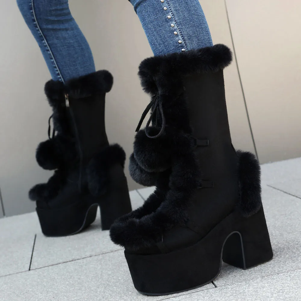 Big Size 46 Winter y2k Pink Knee High Boots Women White Chunky Platform Boots Gothic Black Faux Fur Block High Heels Boots Shoe