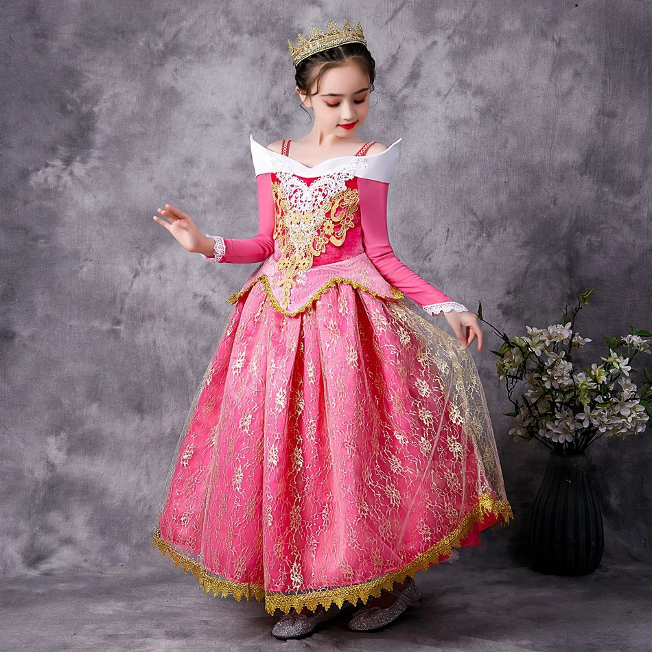 Girls Pink Beauty Aurora Cosplay Dress Long Sleeves Off Shoulder Kids Halloween Christmas Gift Fancy Party Princess Clothing