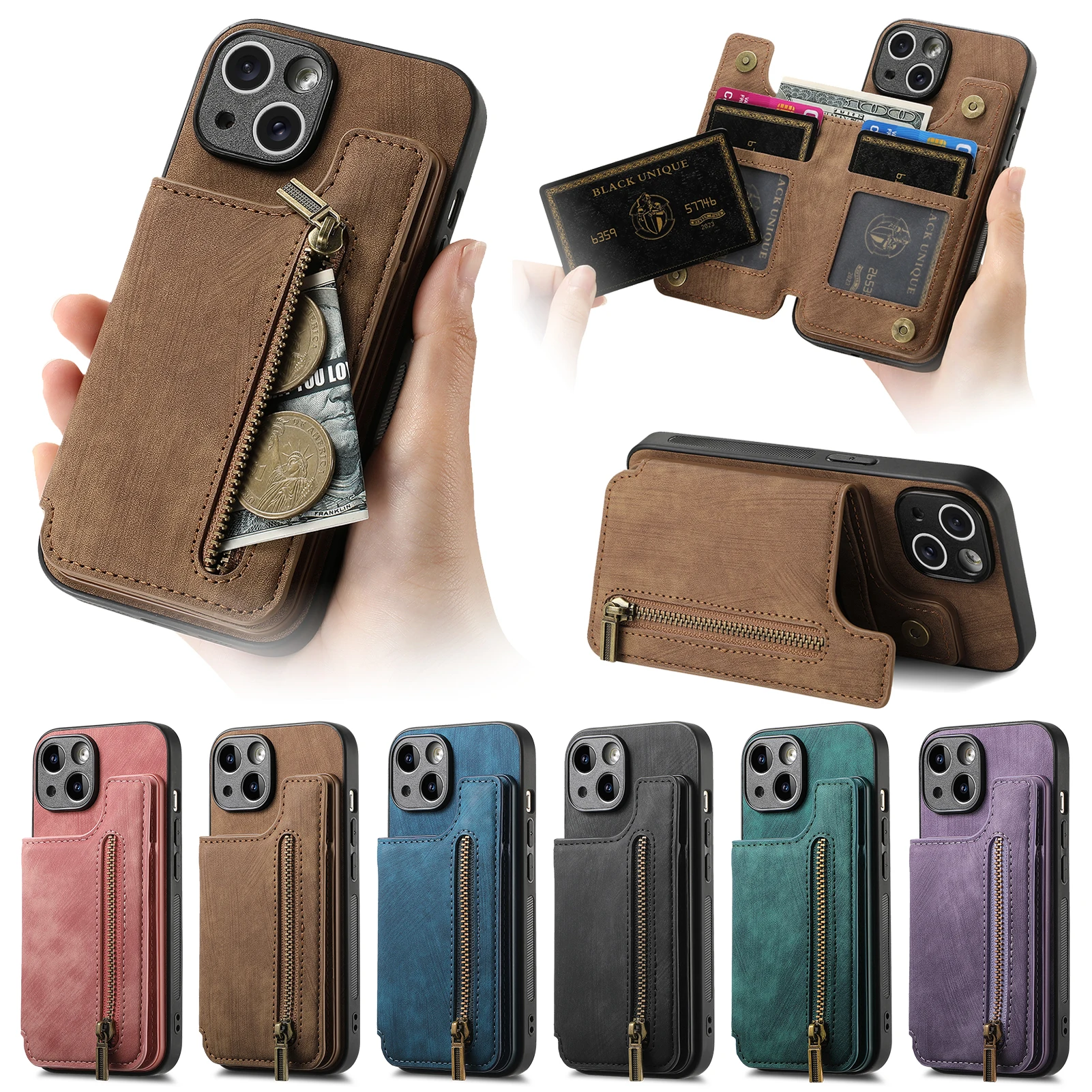 Zipper Cards Solt Wallet Leather Case For iPhone 15 Pro Max 14 Plus 13 12 11 XS XR Se 2022 Pocket Magnetic Double Buckle Cover