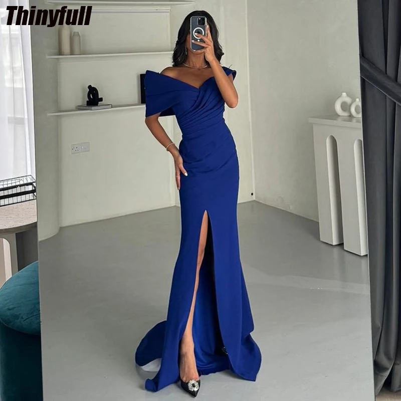 

Thinyfull Mermaid Royal Blue Evening Dresses V-neck Saudi Arabia Prom Dress Satin Split Formal Occasion Gown Robe De Soirée