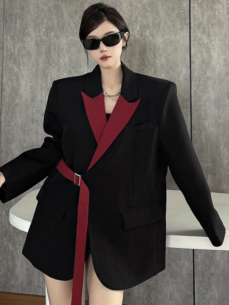 YERMORA Black Irregular Belt Buckle Casual Blazer For Women Lapel Long Sleeve Loose New Jacket Fashion Tide Spring Autumn 2025