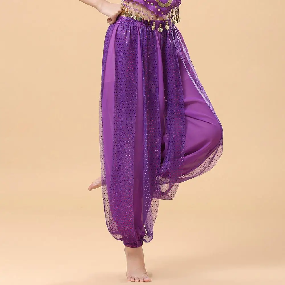 Women Sequined Dance Pants Solid Color Elastic High Waist Performance Pants Sequined Decor Folk Dance Belly Dance Costume Pants