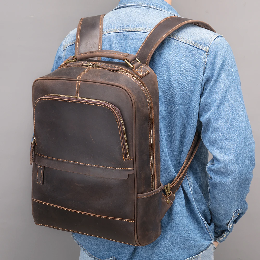 WESTAL Crazy Horse Leather Backpack Men Cowhide Leather Simple Backpack Fashion Travel Men Backpack Business Computer Bag