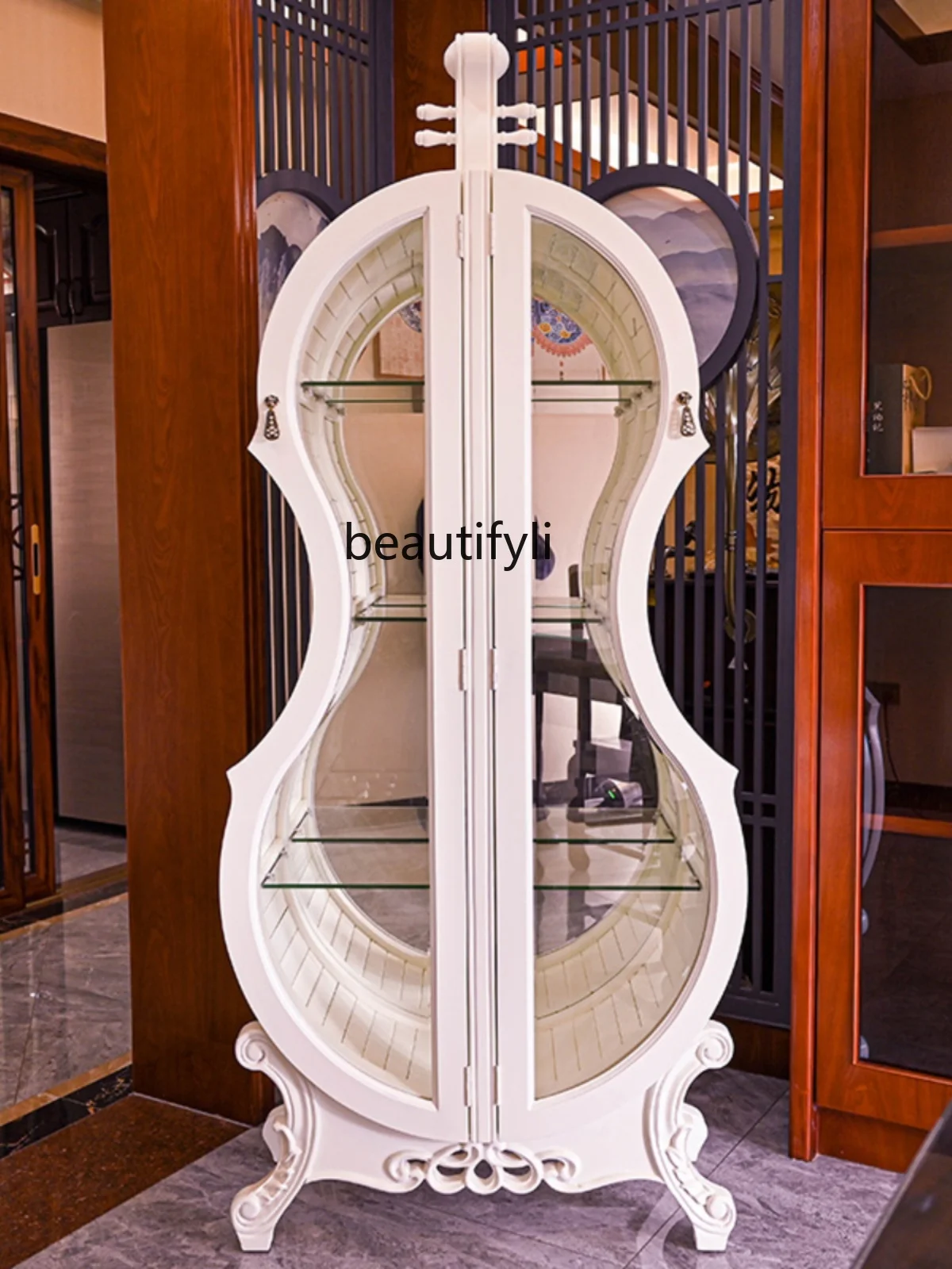 Violin Wine Cabinet Solid Wood Carved Glass Double Door Living Room Display Cabinet Home American Ornaments