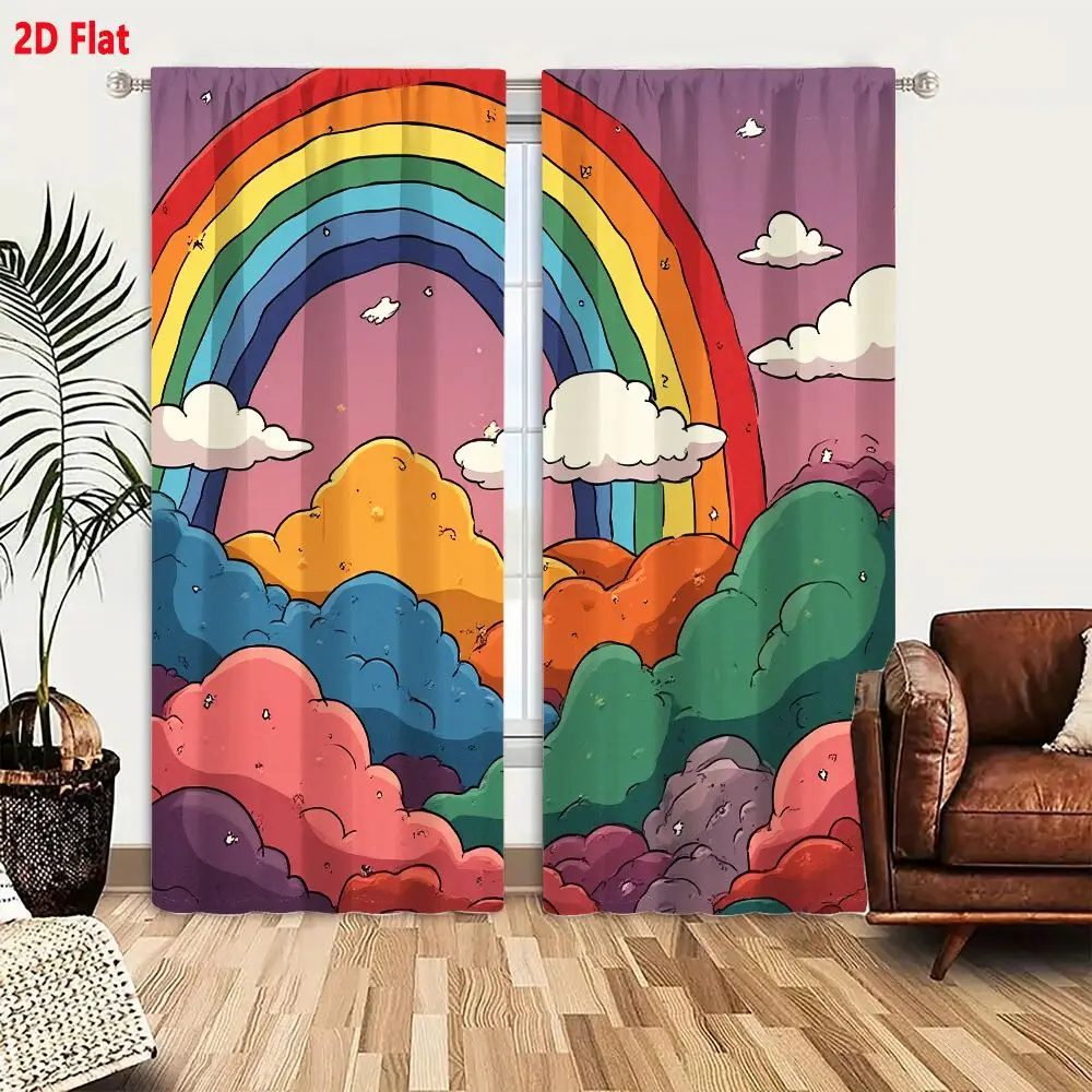 2Pcs Curtains 2D Flat Cartoon-Style Whimsical Landscape With Large Rainbow And Multi-Colored Fluffy Clouds Under Light Purple Sk 2