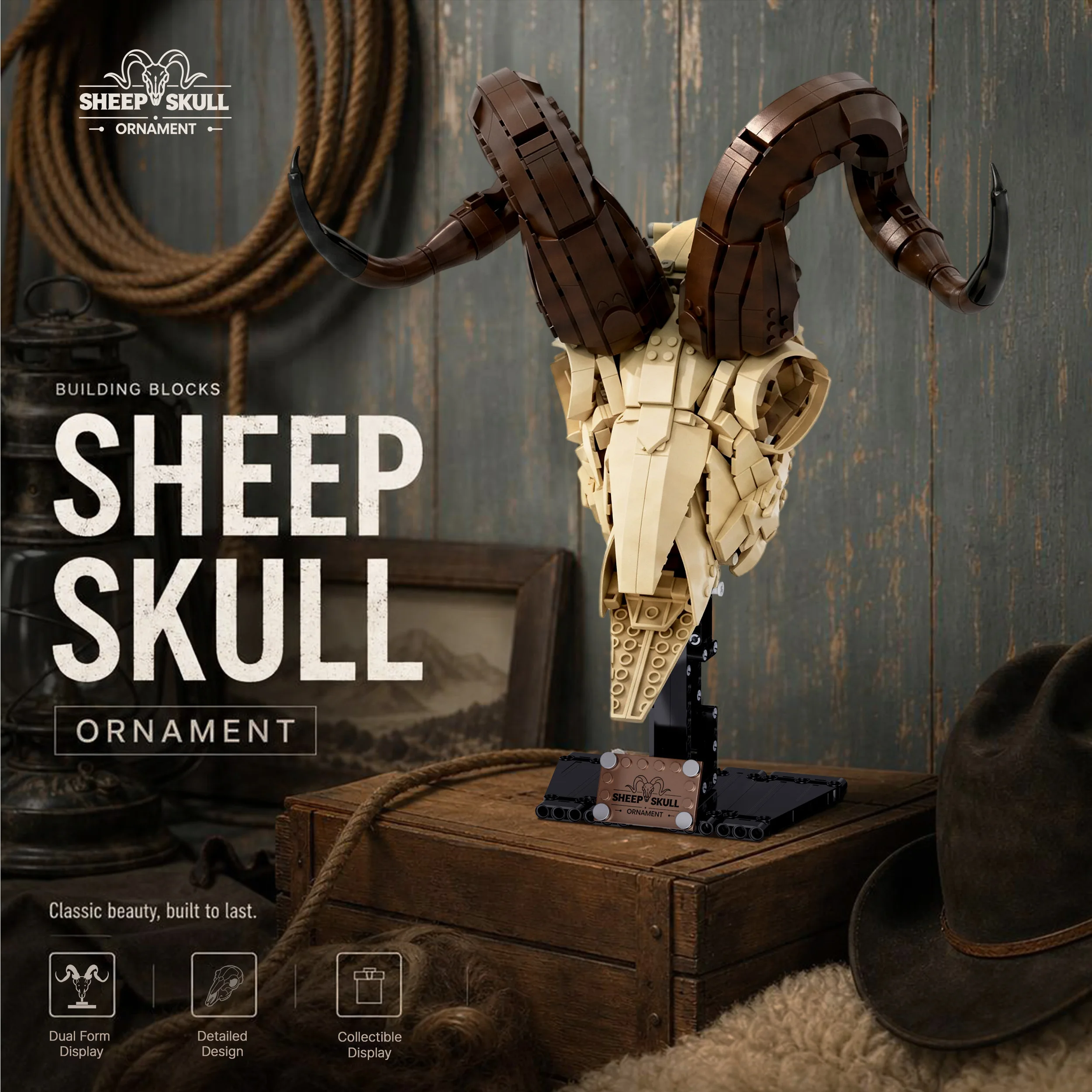 1129Pcs MOC Sheep Skull Building Blocks City Retro Simulation Wall Mounted Animal Assemble Brick Model Educational Toys DIY Gift
