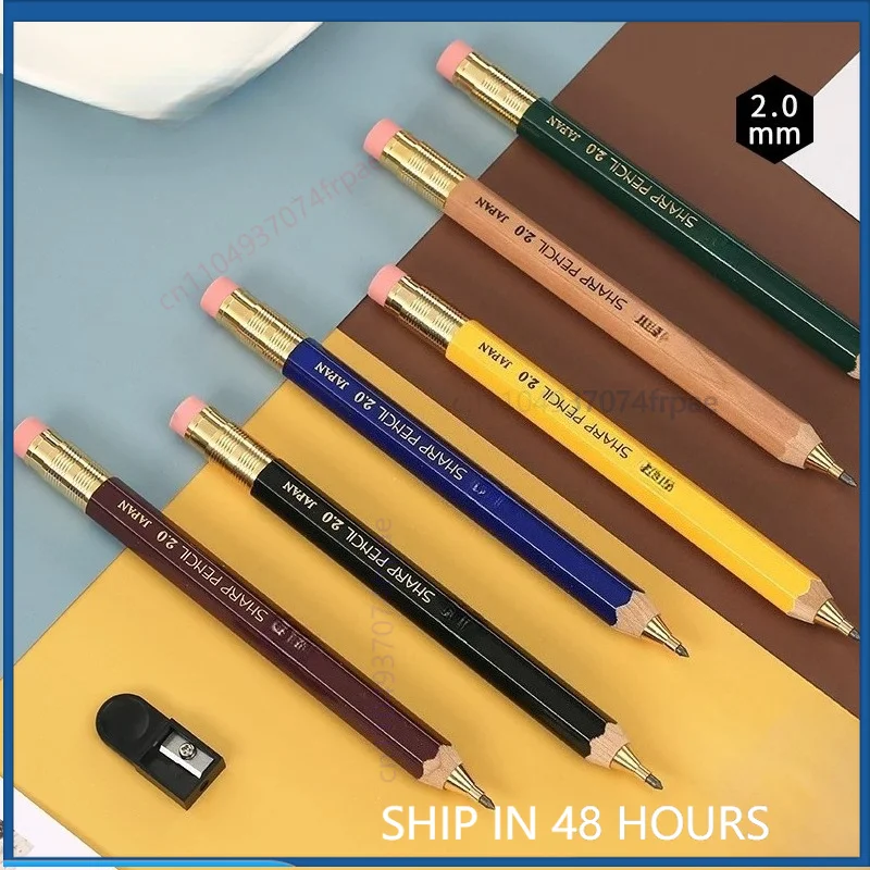 For Ohto Vintage Wooden Mechanical Pencil APS-680E 2.0mm Hexagonal Body Built-in Eraser Draft Drawing School Stationery