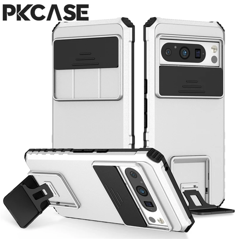 

PKCASE Slide Camera Lens Push Window Protection Case For Google Pixel 8 Shockproof Kickstand Phone Cover For Google Pixel 8 Pro