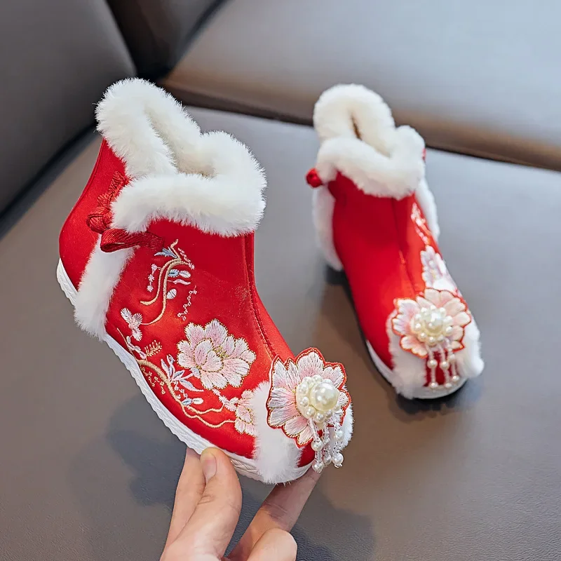 

CY324 2024 Winter New Hanfu Shoes Chinese Style New Year Shoes Children's Cotton Boots Ancient Ethnic Style Embroidery Shoe