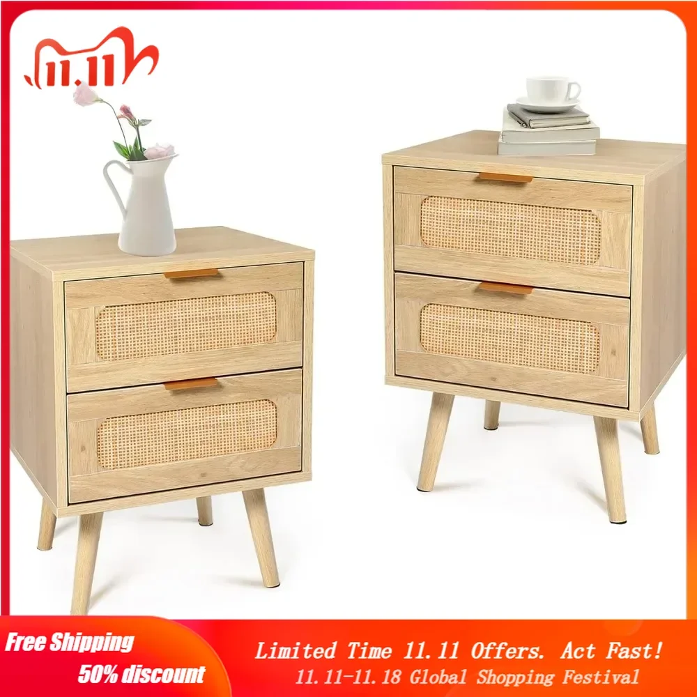 

Nightstands Set of 2 with Rattan Drawer, Wooden 2 Drawer Bedside Table Side Table for Small Place Living Room and Bedroom