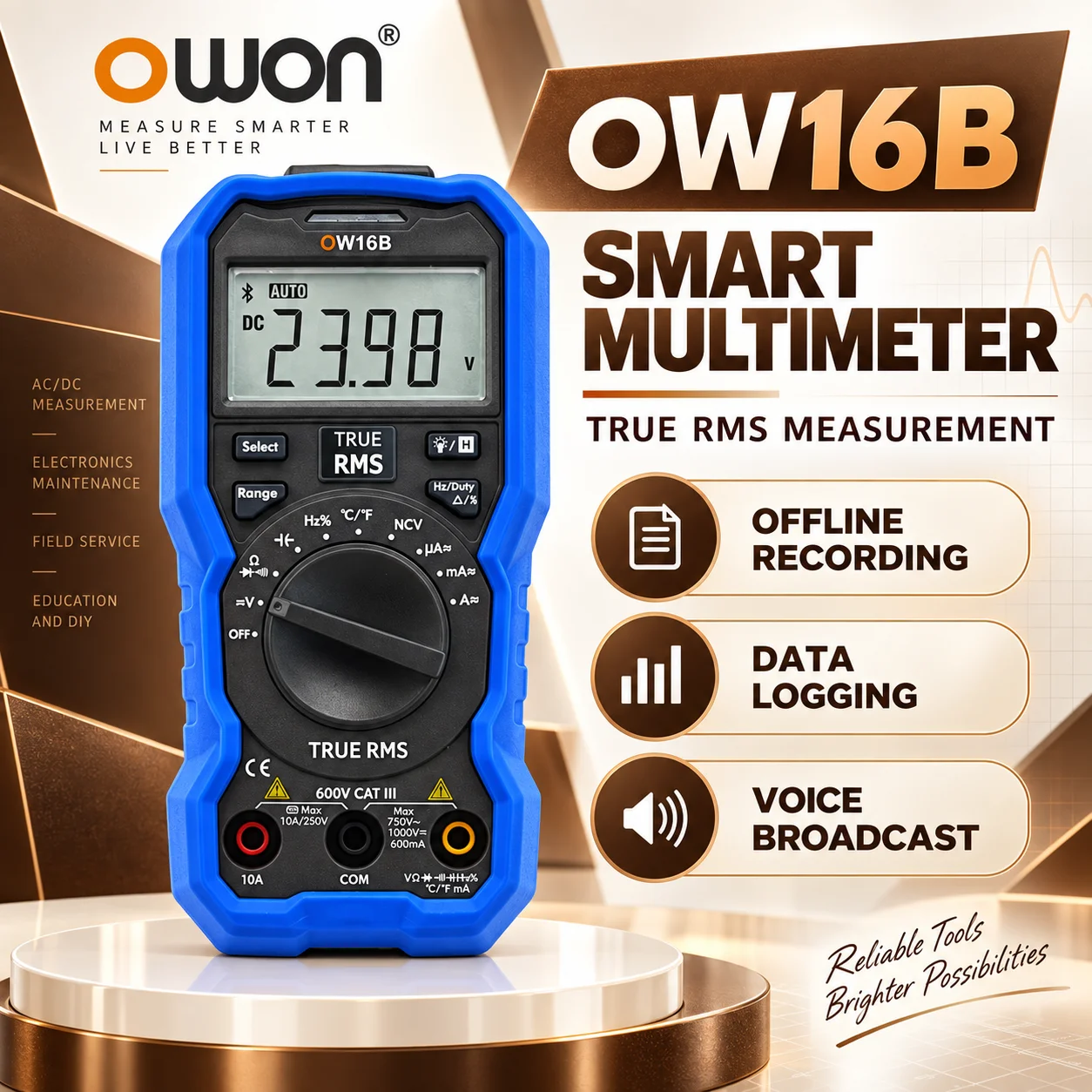 OWON OW16B Smart True RMS Digital Multimeter Bluetooth Data Logging Offline Recording Voice Broadcast NCV AC/DC 600V Temperature