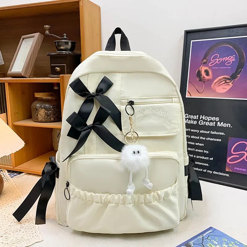 

Cute Bow Accent Backpack Letter Embroidery Nylon School Bag Large Capacity Dual Zippers Adjustable Straps Back To School Season