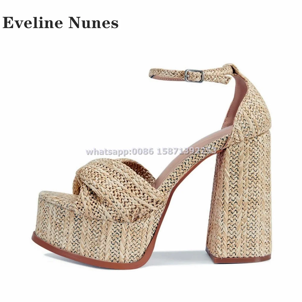 Woven Platform Buckle Strap Sandals Open Toe Height Increasing Tropical Texture Rome High Heels Vacation Beach Casual Shoes 2024