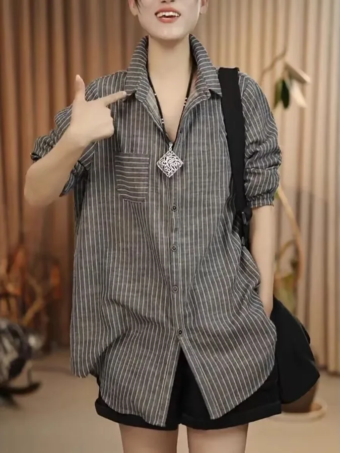 

Casual Striped Long Sve Women's irt Spring Autumn Loose Fit Korean Sle Outerwear Comfortable Non-deformable Fabric