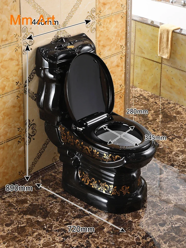 One Piece Black Closestool WC Pan Cyclone Fluishing S-Trap Floor Mounted Luxious Villa Bathroom Seat Toilet Wash Down Toilet WC