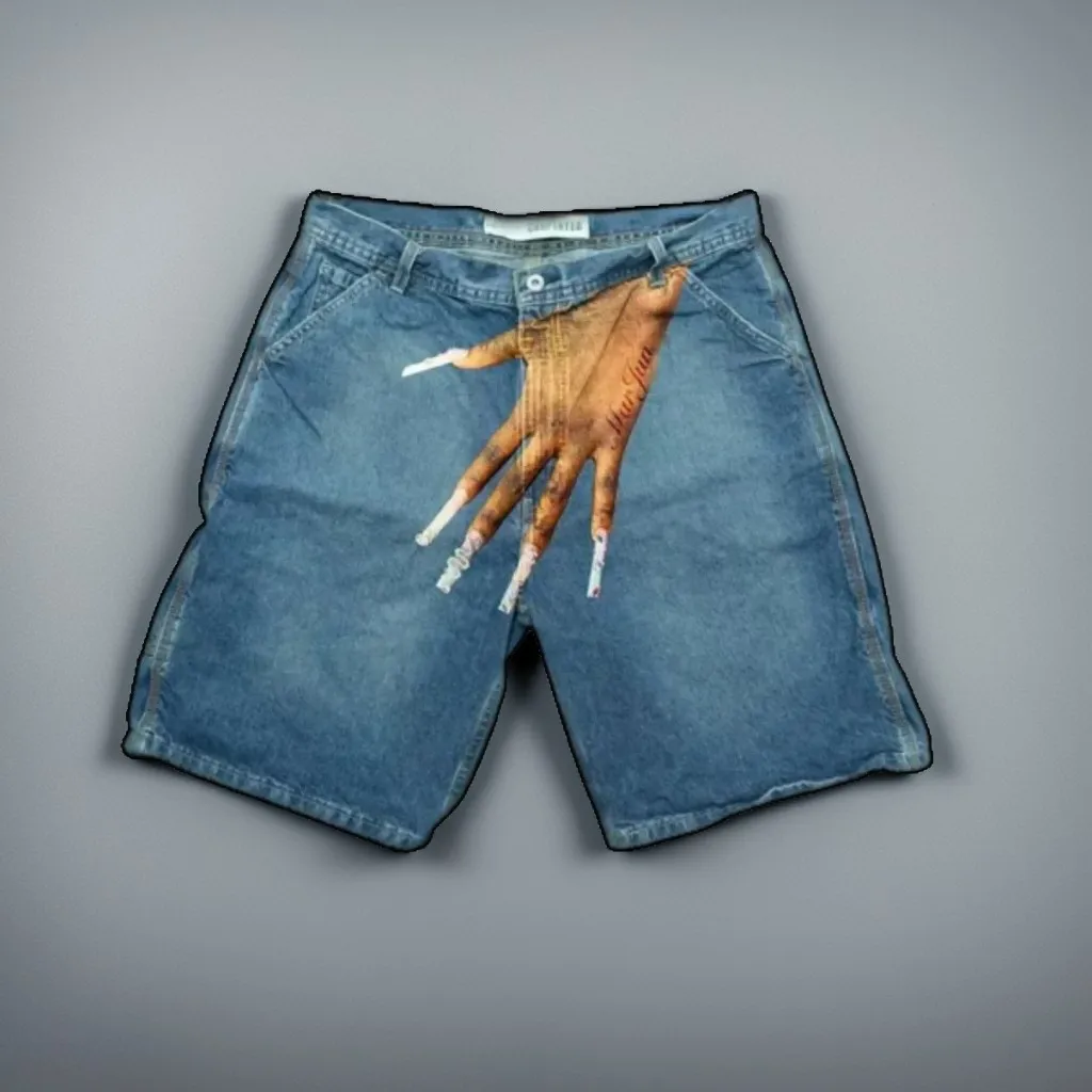 ヴィンテージ原宿韓国デニムブルーバギージーンズショーツ女性ストリート Jorts 韓国ショーツ女性 Y2k 手カーゴプリントショーツ