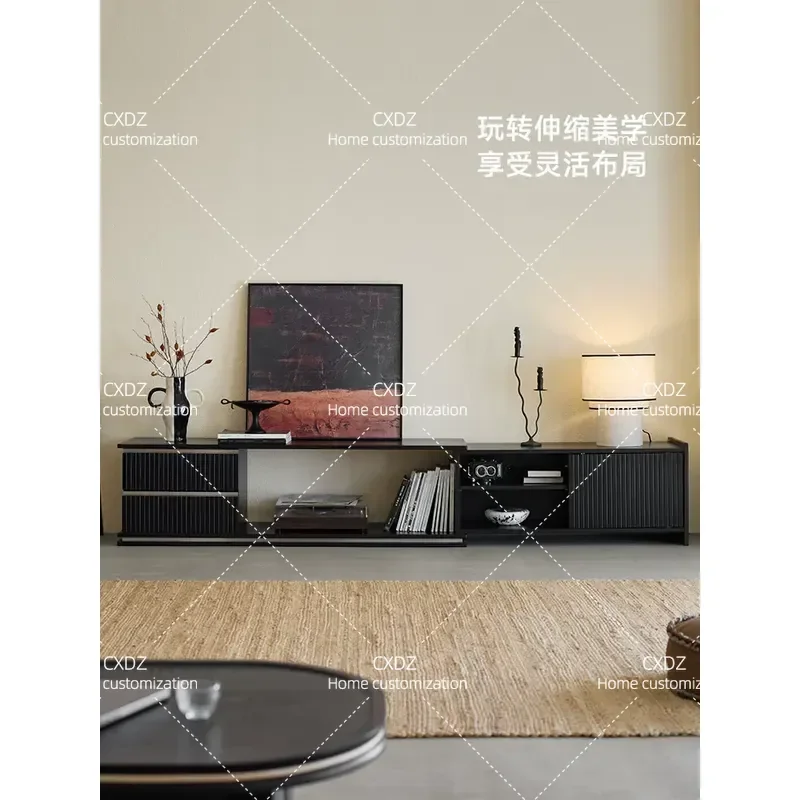 Telescopic TV Cabinet Black Living Room Home Storage Locker Integrated Solid Wood Retro TV Cabinet