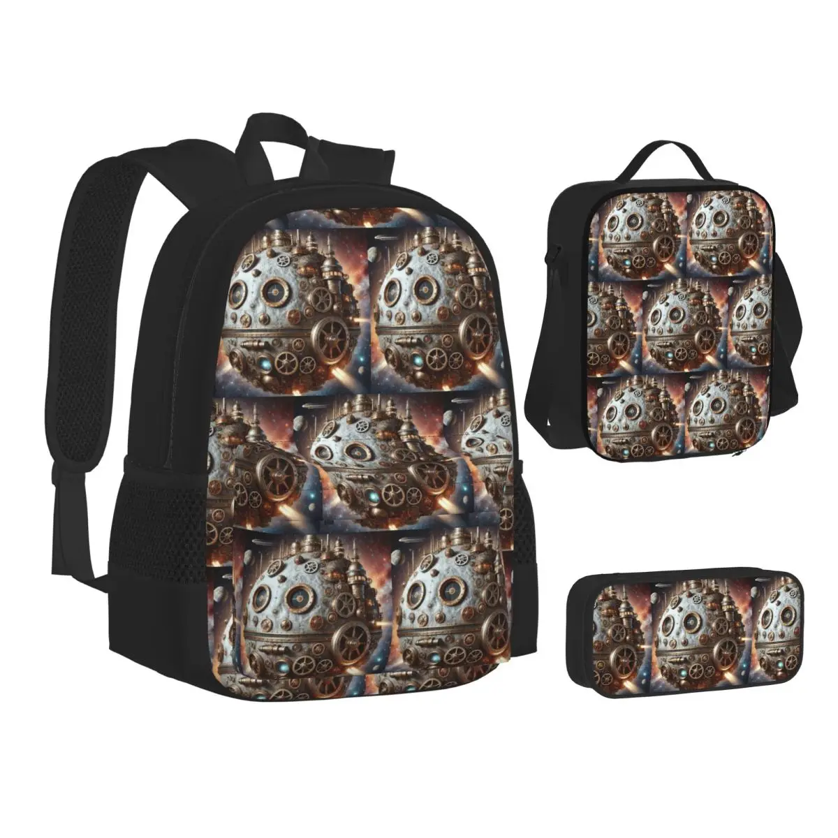 Steampunk Moon In Space Backpacks Students Bookbag School Bags Kids Rucksack Lunch Bag Pen Bag Three-Piece Set