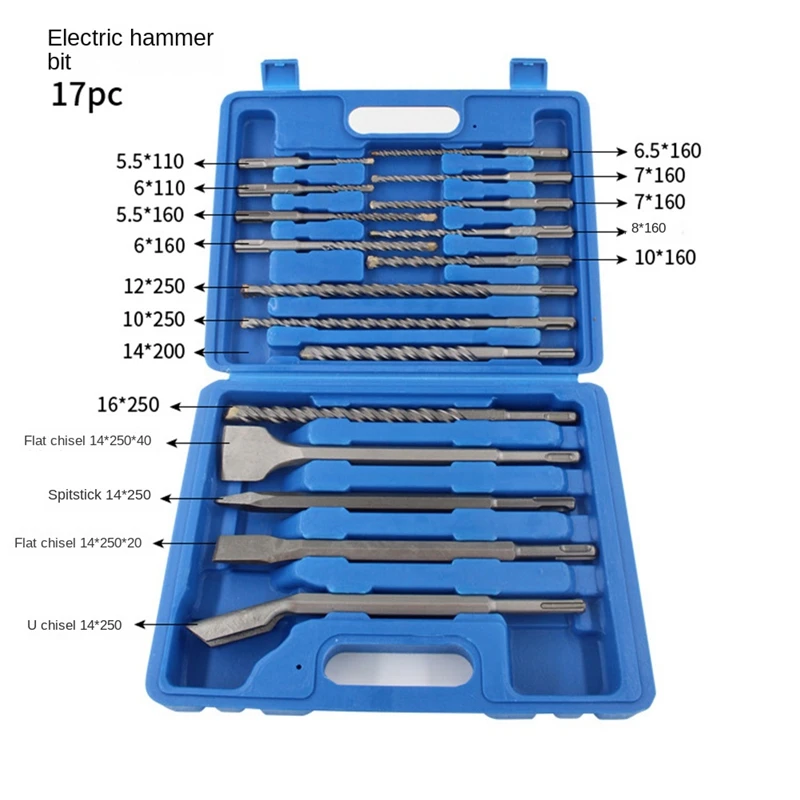 17Pcs Sds Electric Hammer Drill Bit Set Chisel Plastic Box Impact Concrete Masonry Drilling Grooving