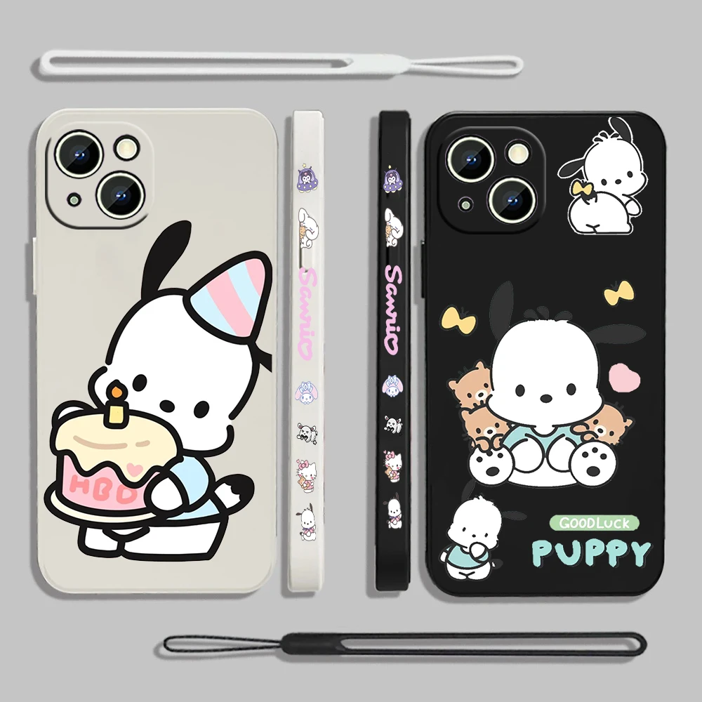 Sanrio Pacha Dog Cartoon Liquid Left Rope For Apple iPhone 15 14 13 12 11 XS XR X 8 7 SE Pro Max Plus Mini TPU Phone Case