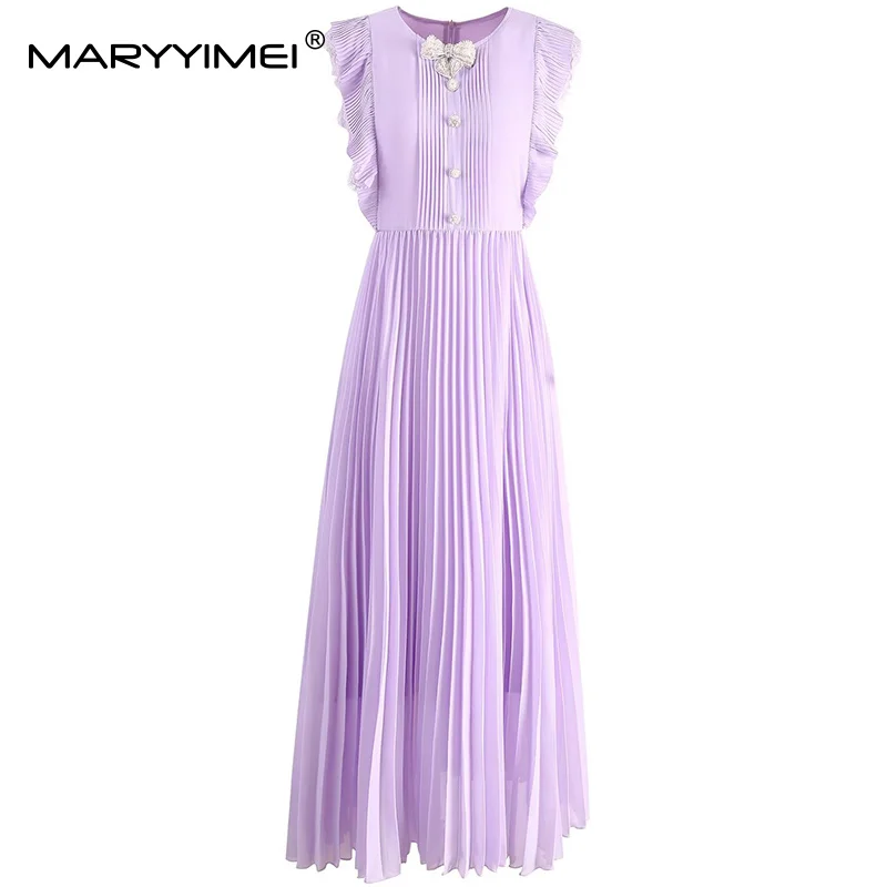 MARYYIMEI 패션 디자인 여성 드레스 민소매 Flounced Edge 레이스 접합 파티 댄스 파티 솔리드 Pleated Dresses
