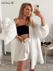 Mnealways18 White Crape Cotton Shorts Sets Women Two Pieces Robe Casual Outfits Crape Blouses And Shorts Homewear 2024 Ladies