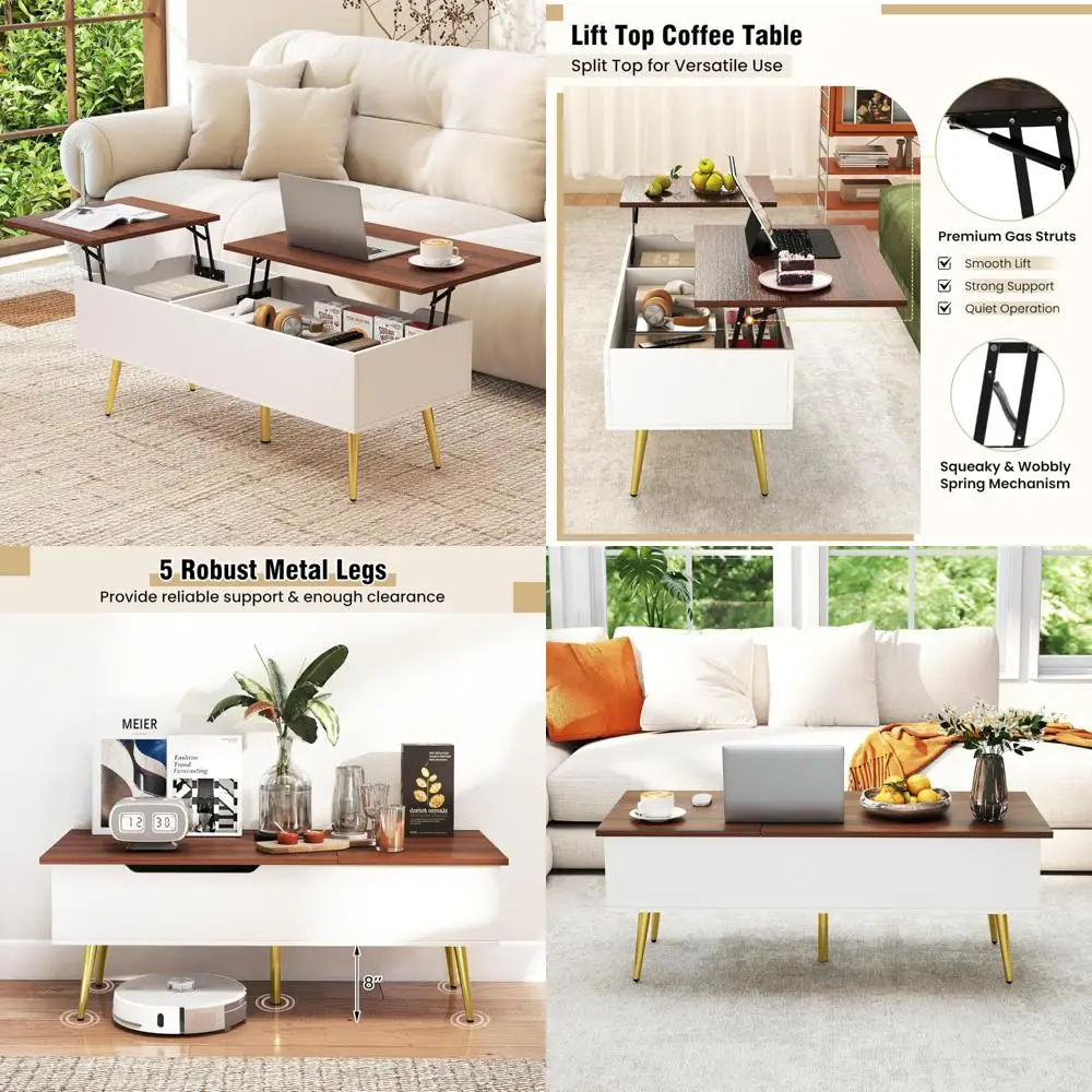 Современный прямоугольный журнальный столик середины века с подъемной столешницей и двумя скрытыми отделениями для хранения вещей