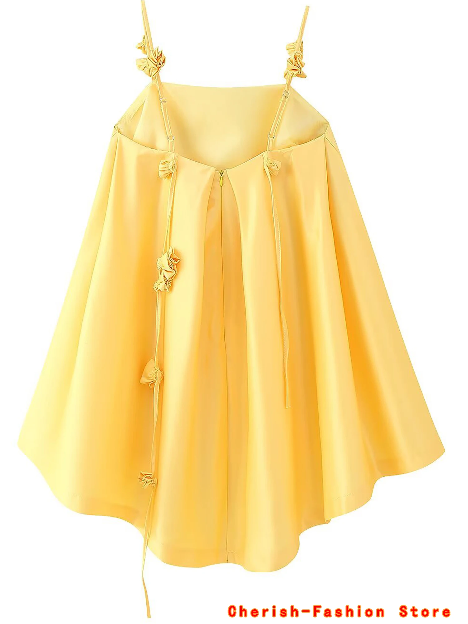 Summer Satin Thin Women's Party Dress Fashion Hollow Sleeveless Holiday Dresses Yellow Rose Flower Suspenders Mini Dress Vestido