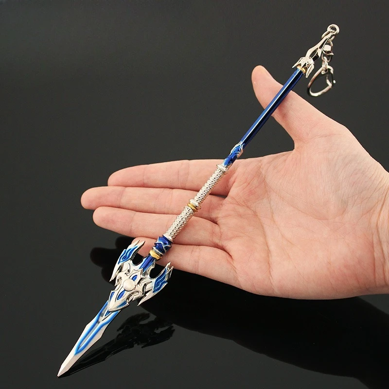 22cm/8.66in crossfire zhao yun dragão guts brilhante prata lança metal chaveiros pingente jogo periféricos arma modelos menino brinquedos