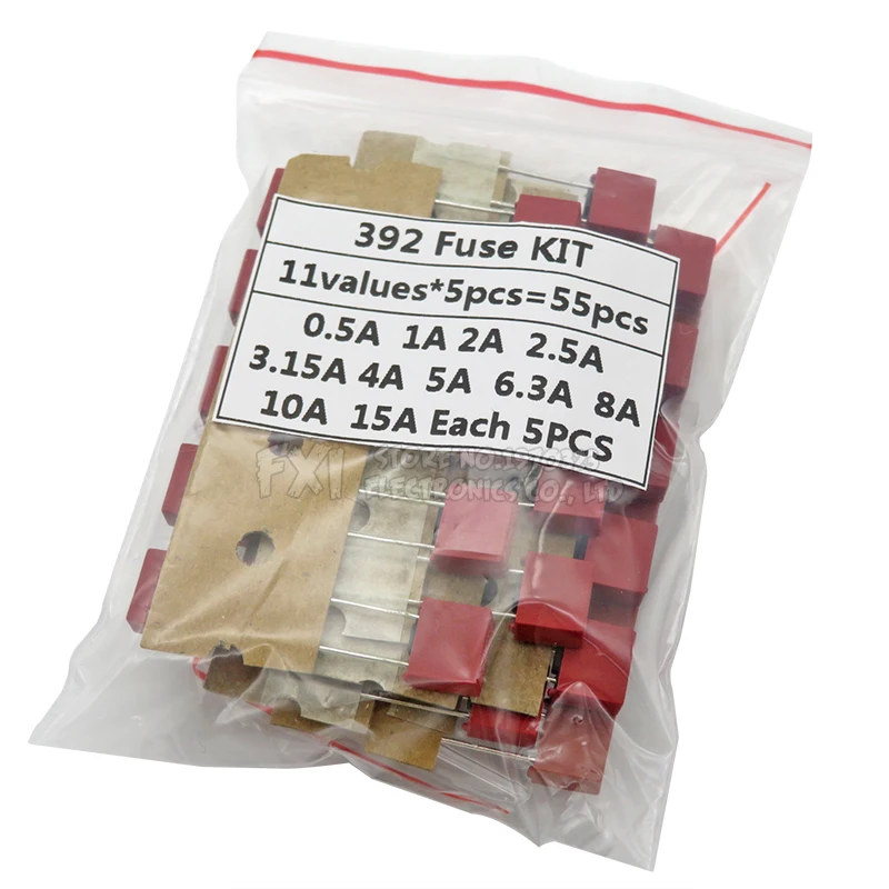 1Set=55PCS Square Plastic Fuse Assortment Kit 392 0.5A 1A 2A 2.5A 3.15A 4A 5A 6.3A 8A 10A 15A 250V Fuses Slow Blow Tube Fuse set