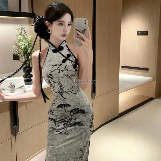 

2024 new chinese fashion daily improved ink printed cheongsam velvet long sexy sleeveless slimming women long qipao dress w882