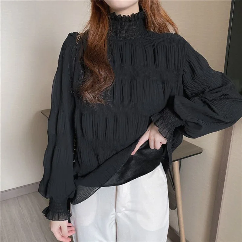 2024 Autumn Winter Women Ruffles Neck Thicken Warm Pullovers Flare Sleeve Elegant Hoodies Ladies Solid Casual Bottoming Tops