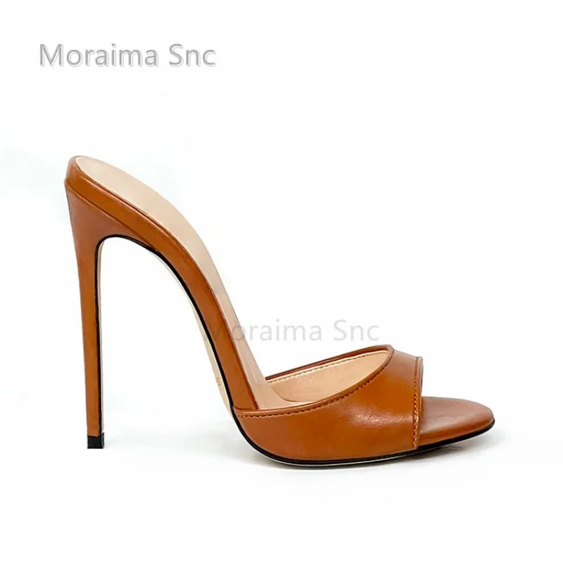 

Women's Leather High Heels Mules Slippers 12Cm Brown Yellow Black Stiletto Summer Fashion Pointed Toe Shallow Pull On Shoes