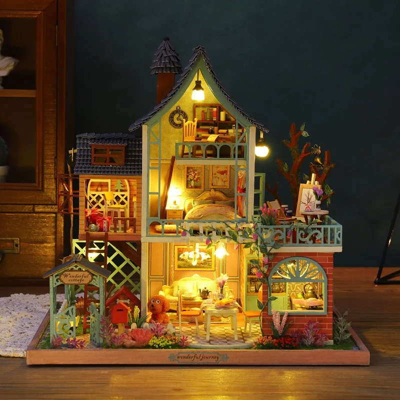 

DIY Wooden Miniature Model Kit Jungle Resort Casa Doll Houses 3D Puzzle Dollhouse With Furniture Lights for Friends Xmas Gifts