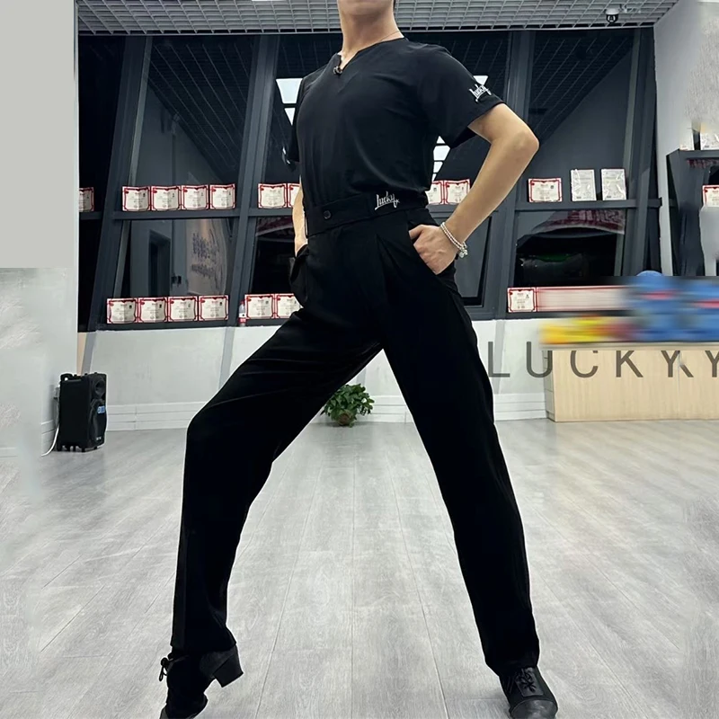 Adult Male Latin Dance Clothes Men Black Short Sleeves Tops pants Cha Cha Rumba Salsa Dance Practice Clothing Trousers DNV20611