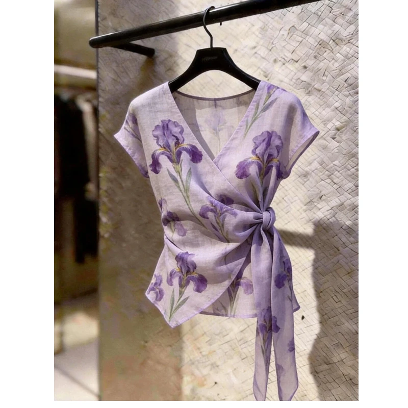 Floral Temperament V Neck Lacing Irregular Shirt Tops Summer Thin Printing Elegant Irregular Blouse Trend Fashion Women Clothing