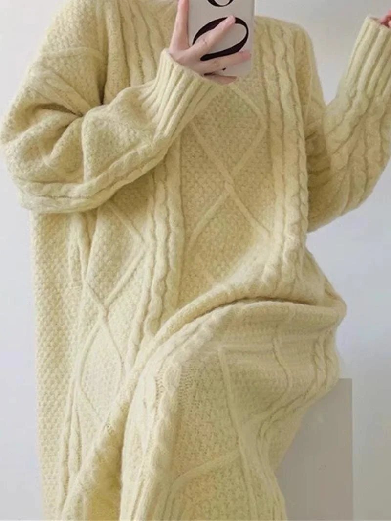 

ROUJE KEFSS Женское вязаное утепленное платье-свитер на осень-зиму, свободного кроя, с длинным рукавом и круглым вырезом, в стиле оверсайз