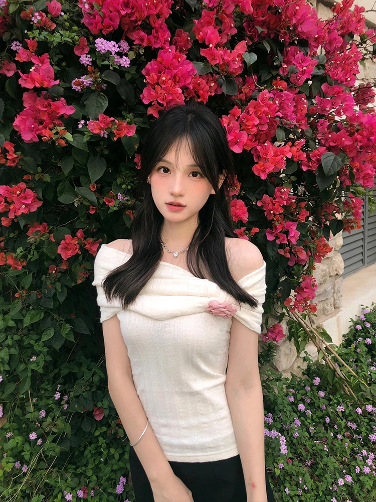 

Off Shoulder T-Shirt Stripe Womens Spring 2025 Flare Sleeve Slimming Slim Fit Gathered Chinoiserie Slender Petite Girls Dance GF