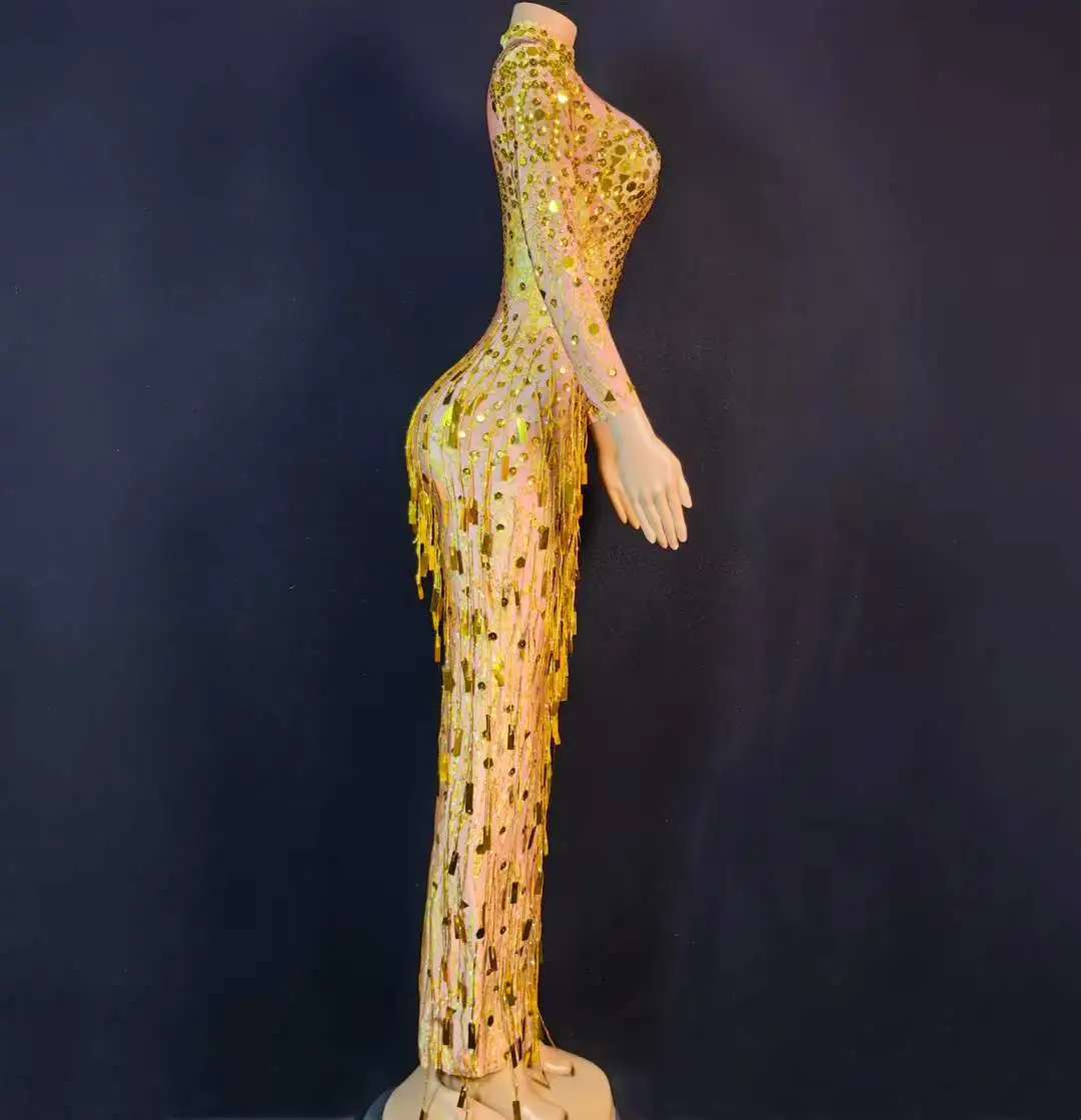 المرأة الذهب حجر الراين الترتر عيد ميلاد مساء الملكة التسلق أداء مرحلة فستان طويل Nightout Bodycon زي التخرج