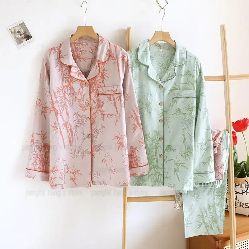 

Cotton Sleepwear Vintage Bamboo Leaf Print Pyjama Femme Long Sleeve Shirt Pants Outwear 2Pcs Loungewear Breathable Nightgown