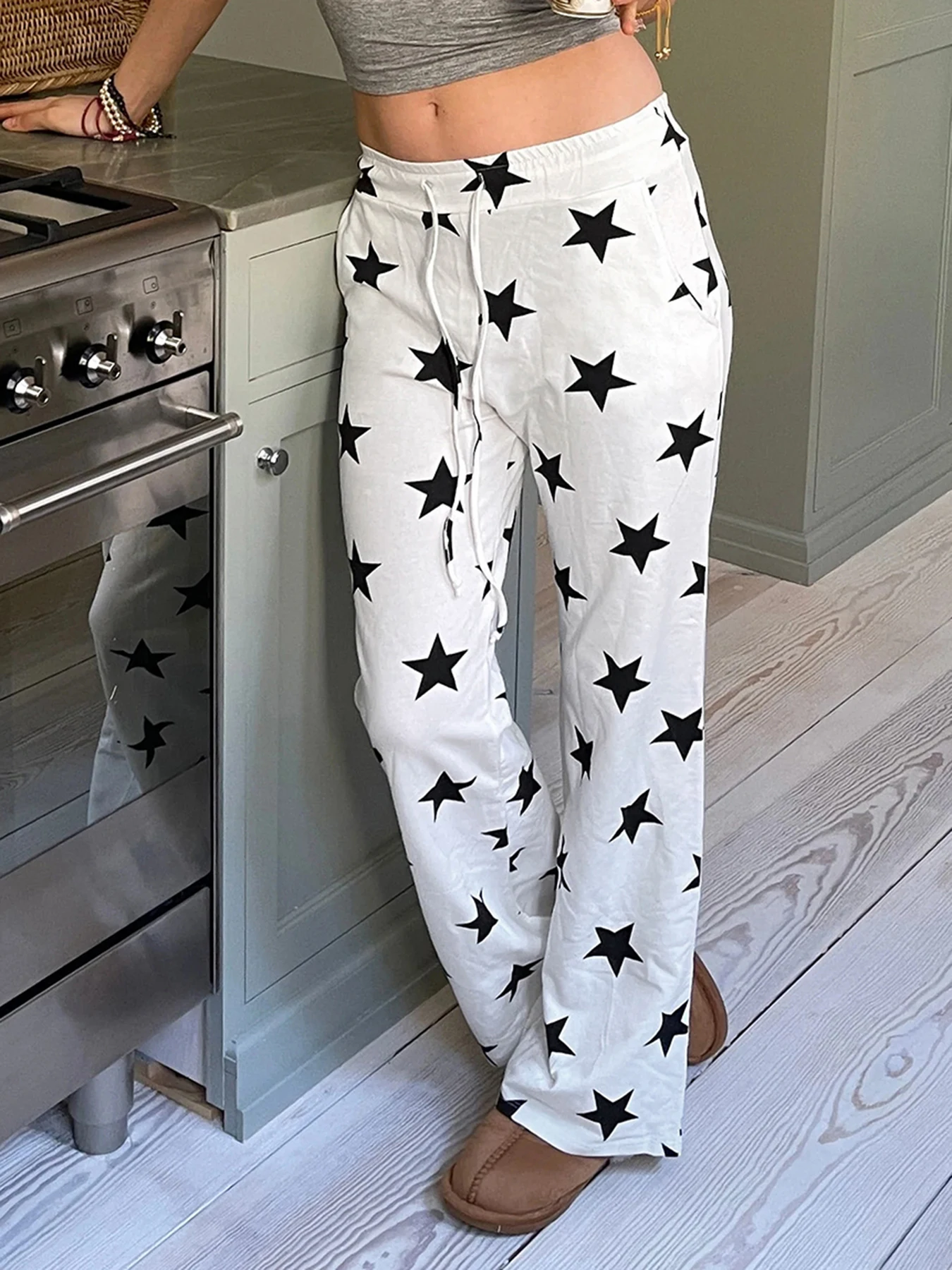 

Sweetown Star Straight Slim Fashion Trendy Chic Cute Drawstring Women Long Pants Classical Flared Pants All-Match