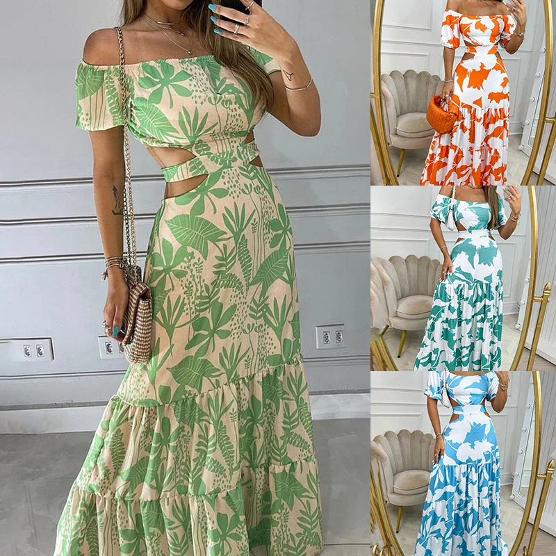 Fashion Print One Line Neck Dresses For Women Sexy Hollow Out Backless Leace-up A-line Maxi Dress Casual Bohemian Beach Vestidos