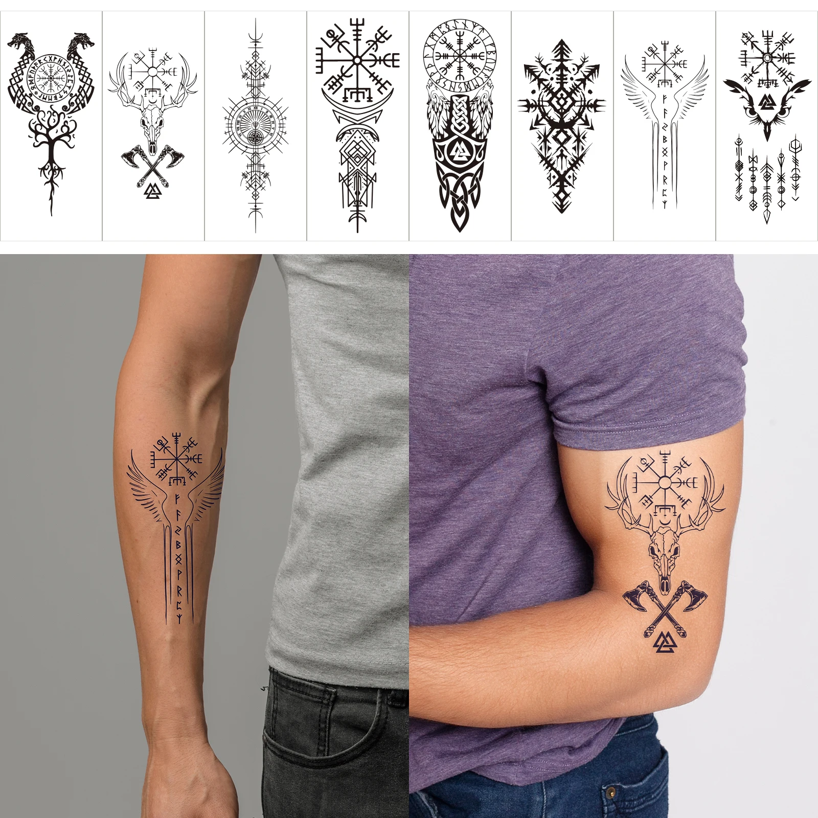 

8pcs Ancient Symbols Design Temporary Tattoos Vinking Tribe Semi Permanent Stickers for Men Women Waterproof Arm Body Art 타투스티커