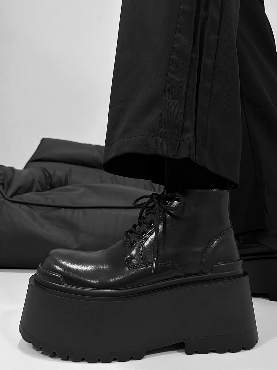 

Men's Boots Thi Bot Heightening oes Briti Sle ort Tube Leather Upper Rubber Sole round Toe Boots