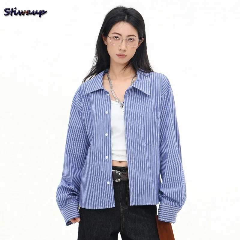 

Женская рубашка 2025 года, модная роскошная блузка, осенний новый синий полосатый топ с длинными рукавами в стиле Харадзюку, модные повседневные офисные рубашки для женщин