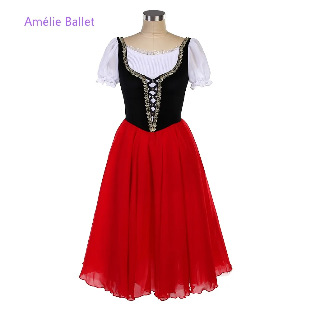 

26056 New Ballet Costumes Black Top Bodice with Red Soft Tulle Tutu Skirts Romantic Length Ballet Dresses Ballerina Costumes